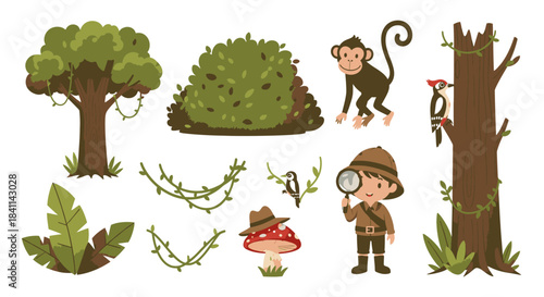 Cute cartoon set of jungle animals, plants, and explorer boy with magnifying glass, perfect for adventure themes.