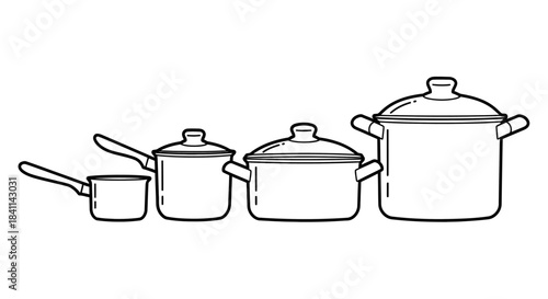 A black and white line art illustration depicting a set of four various sized cooking pots and pans with lids, arranged neatly in a row.