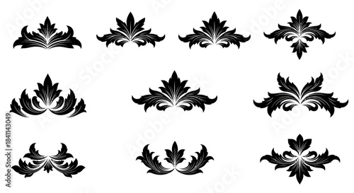 Black floral design elements with acanthus leaves for embellishments and decorative ornaments