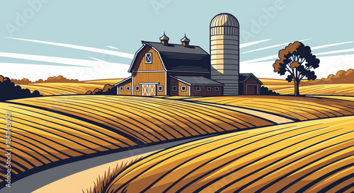 A picturesque rural landscape featuring a classic red barn, a tall silo, and golden fields under a clear sky, with a winding path leading to the farm.