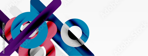 Abstract geometric shapes overlap. Circles, rectangles intersect creating dynamic composition. Blue, red, purple hues dominate white background.
