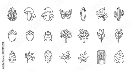 A collection of nature-themed line art icons featuring various plants, fungi, and insects.
