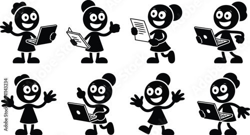 Eight happy black stick figures showcasing diverse poses, interacting with laptops, documents, and gesturing