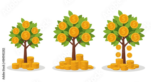 Three money trees illustrating financial growth, investment, and wealth accumulation with golden coins falling and stacked at their bases.