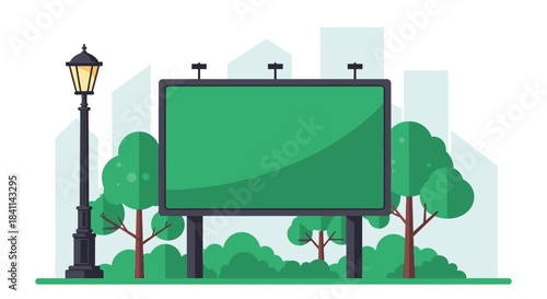 A large blank green billboard in a park with trees, bushes, a lamppost, and city skyline.