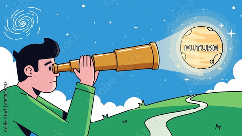 Concerned businessman looking through a telescope towards a celestial body labeled FUTURE over a winding path, concept for vision planning , strategic forecasting  and opportunity discovery