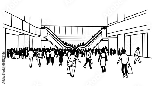 “shopping mall scene, crowd characters, modern flat illustration”