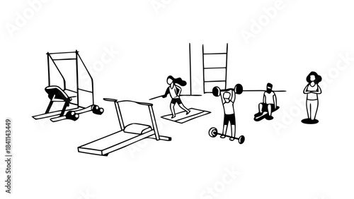 “fitness gym scene, characters training, flat design vector”
