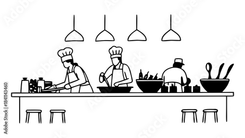 “restaurant kitchen flat illustration, chefs cooking, clean vector”