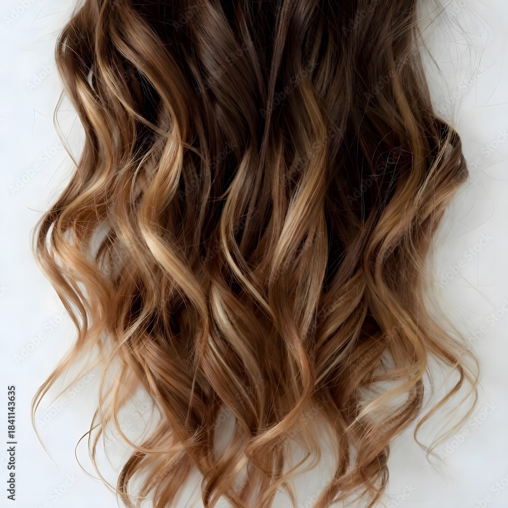 Naklejka premium Natural brown wavy hair texture with soft highlights, elegant salon hairstyle detail, beauty and fashion concept, clean studio background. 