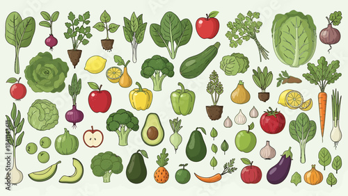 A vibrant collection of fresh organic fruits and vegetables displayed in a diverse and colorful arrangement