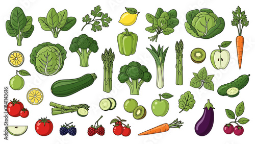 A vibrant collection of fresh green vegetables and fruits, illustrating healthy eating and organic produce