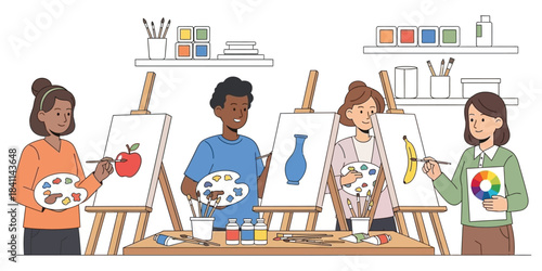Diverse group of people enjoying a creative art class, learning to paint different subjects with vibrant colors