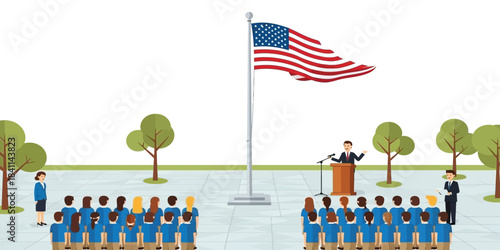American Flag Waving Above a Public Gathering with a Speaker at a Podium