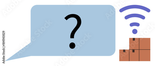 Question mark in blue speech bubble, wireless icon, and stacked boxes. Ideal for shipping, delivery, logistics, communication, network customer support inventory. Simple flat metaphor