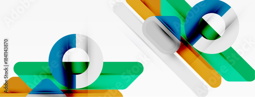 Abstract geometric shapes overlap, creating dynamic composition. Bright colors blend, forming modern design elements. Smooth gradients enhance visual appeal.