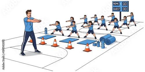 Group fitness class led by an instructor with children performing exercises on mats, sports equipment, and a scoreboard in the background