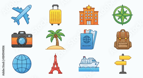 Travel icons set airplane luggage hotel compass camera palm tree passport backpack globe eiffel tower cruise ship signpost vacation