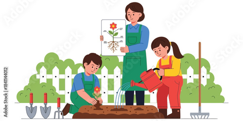 Illustration of a woman teaching children about plants and gardening with a diagram of a flower