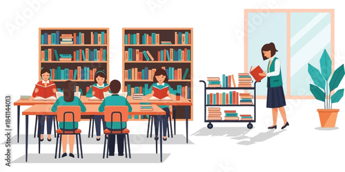 Students engaged in focused reading and knowledge acquisition within a modern library setting, illustrating a dynamic educational environment with a diligent librarian organizing books