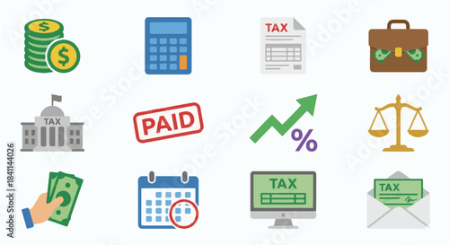 Tax icons set finance calculator money paid government growth percentage justice balance deadline accounting software filing