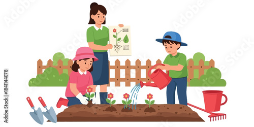 Children learning about gardening and planting flowers with adult supervision, featuring gardening tools and a watering can
