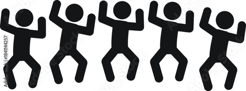 Five simple black stick figures with arms raised appearing to dance or jump with excitement