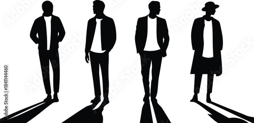 Four full body black silhouettes of men with shadows standing on a white surface
