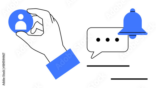 Hand holding user icon, notification bell over chat bubble with text placeholders. Ideal for communication, notifications, social networking, messaging, user interaction, updates, digital engagement