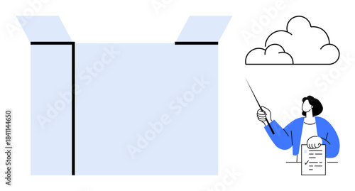 Open box symbolizing innovation, a presenter with a document pointing to a cloud concept. Ideal for brainstorming, creativity, learning, communication, problem-solving, thinking, innovation themes