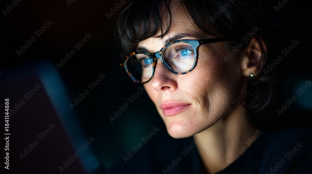 Fototapeta premium Woman wearing glasses working at a computer in an office.