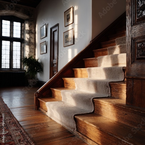 Sunlit vintage staircase in classic home interior with carpet.