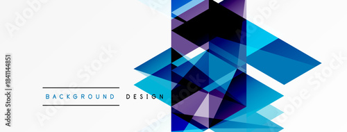 Abstract geometric shapes overlap, creating dynamic visual effect. Blue, purple hues dominate white space. Modern design element.
