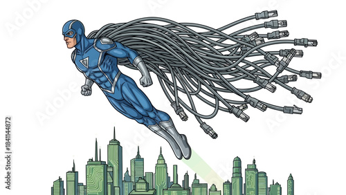 Superhero IT specialist flying over a futuristic cityscape with an Ethernet cable cape, concept for network solution security  fast data transfer  and digital infrastructure 