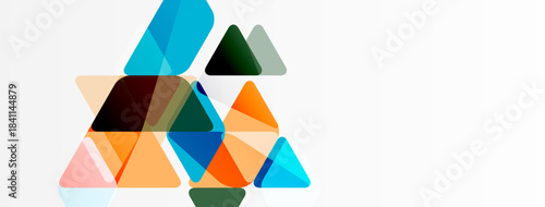 Abstract geometric shapes overlap, creating vibrant color blocks. Triangles dominate composition, suggesting depth, dynamism.