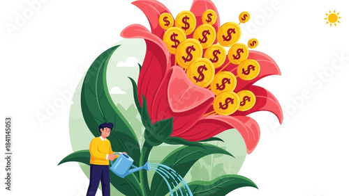Young businessman watering a large red flower blooming with golden dollar coins, concept for investment growth  financial success  and wealth building 