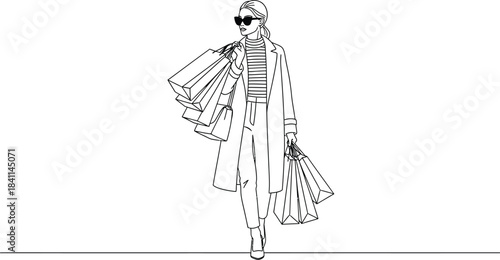 Stylish woman walking with many shopping bags line art