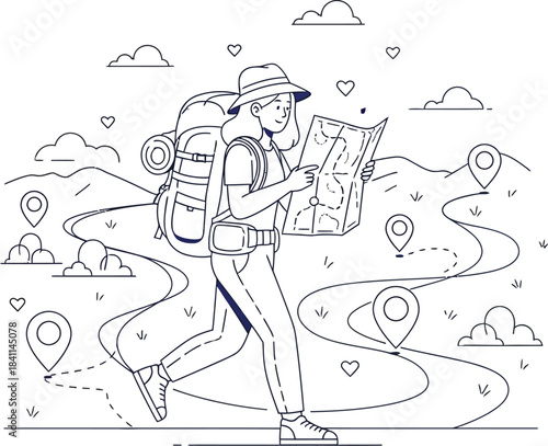 Hiker consulting paper map while navigating outdoor adventure route