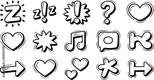 Group of outlined hand drawn doodle symbols for various expressions on a plain white surface