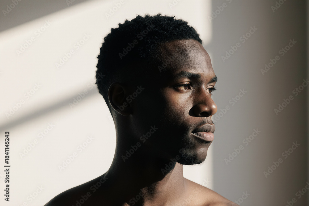 Obraz premium A profile portrait captures a young Black man in dramatic side lighting, highlighting the strong contrast against the bright wall.