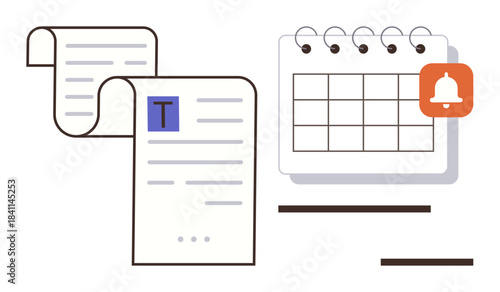 Document scroll with text beside a calendar and notification bell icon. Ideal for planning, reminders, organization, productivity, time management, scheduling, task prioritization. Simple flat