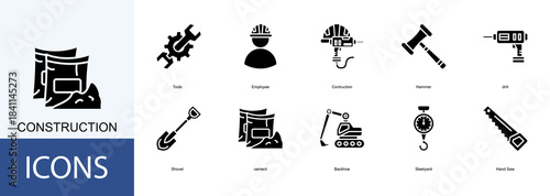 CONSTRUCTION icon collection set. Containing Tools, Employee, Hammer, drill, Shovel icon