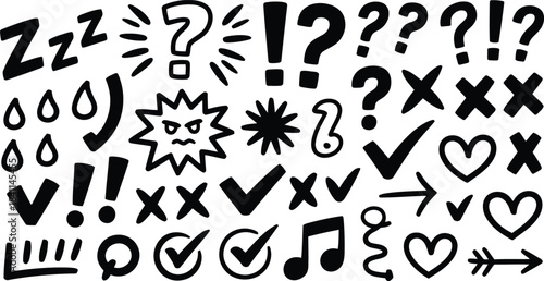 Hand drawn collection of various doodle symbols and sketch elements expressing different emotions or actions
