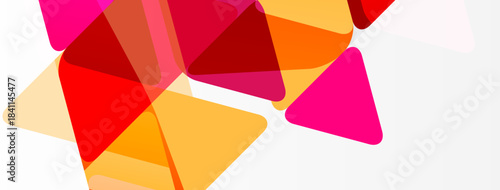 Abstract triangles overlap, creating vibrant orange, pink, red hues. Minimalist design, modern aesthetic, bright colors dominate composition.