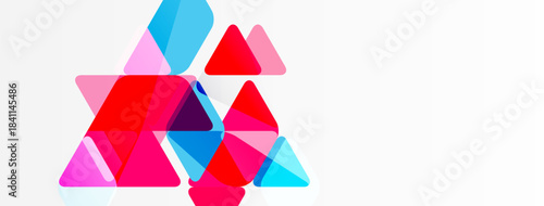 Abstract geometric shapes, triangles overlap. Vibrant pinks, reds, blues create dynamic composition. White background provides contrast.