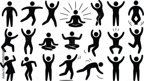 Many black silhouette figures showcasing people engaged in different physical activities and resting poses