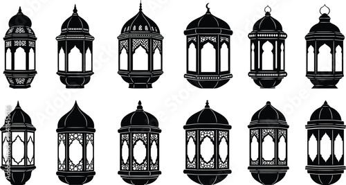 Collection of traditional black and white Islamic lantern silhouettes