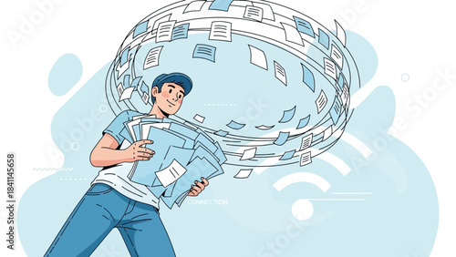 Smiling office worker managing swirling documents in digital connection, concept for data organization , cloud storage system and workflow management 