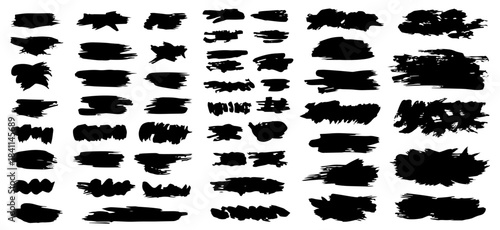  Set of different splash black paint brush strokes, overlay textures, grunge design elements, boxes, painted frames, banner clip art and abstract background for social .