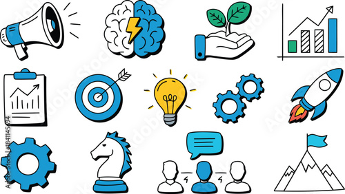 Hand drawn collection of business and technology related icons representing innovation and growth
